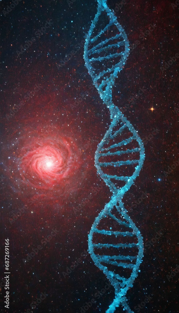 DNA double helix superimposed on a backdrop of deep space. Emblematic ...