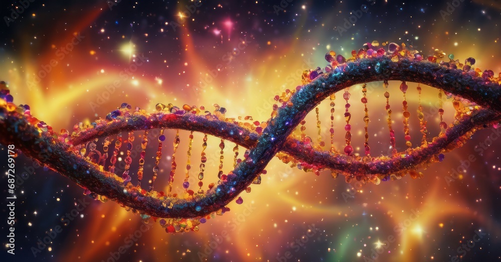 DNA double helix superimposed on a backdrop of deep space. Emblematic ...