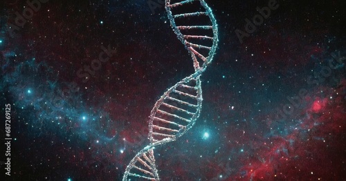 DNA double helix superimposed on a backdrop of deep space. Emblematic of the interconnection between the microscopic and the cosmic worlds. Relationship between the origins of life and cosmos photo