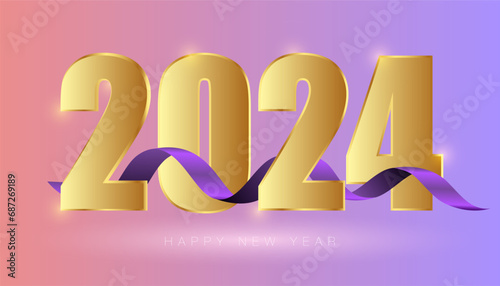Happy New Year 2024 golden color and ribbon with gradient in background  (ID: 687269189)