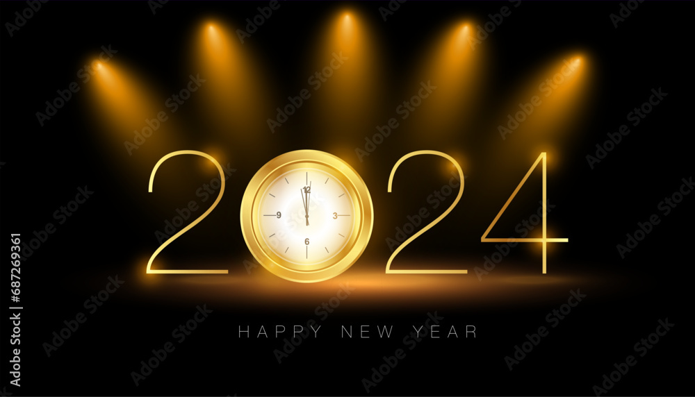 Gold Color Happy New Year 2024 on dark background