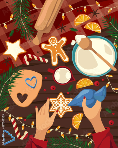 Christmas or New Year cooking vector image. Woman hands icing cookie and gingerbread. Xmas kitchen preparation. Bakery and pastry decoration. Handmade dessert with glaze. Winter holiday and festival