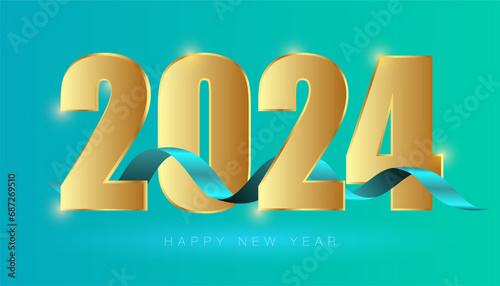 Happy New Year 2024 golden color and ribbon with gradient in background  (ID: 687269510)