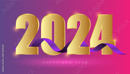 Happy New Year 2024 golden color and ribbon with gradient in background  (ID: 687269528)