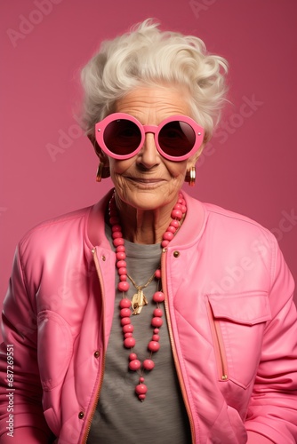 Funny senior woman with pink hair and sunglasses. Studio shot.