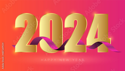 Happy New Year 2024 golden color and ribbon with gradient in background  (ID: 687269554)