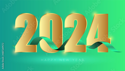 Happy New Year 2024 golden color and ribbon with gradient in background  (ID: 687269572)