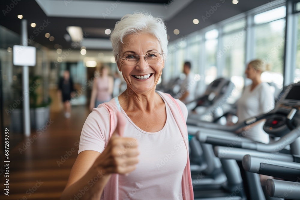 Portrait of smiling senior woman on exercise bike in fitness center with people on background