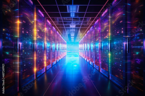 Illuminated Server Room Corridor with Multicolored LEDs