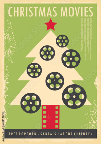 Cristmas movies retro poster design for holiday cinema event. Christmas movie show vintage advertisement concept. Vector banner illustration, winter holiday entertainement theme.