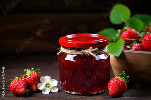 Strawberry Jam in the Glass Jar with Fresh Berries at Wooden Table - Sweet Culinary Delight - Created with Generative AI Tools