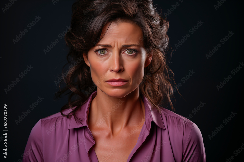 Mujer de edad mediana con expresión triste y angustiada, víctima del maltrato machista, con una blusa  de color morado - obrazy, fototapety, plakaty 