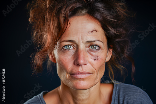 Mujer de edad mediana con expresión triste y angustiada, víctima del maltrato machista, con heridas en la cara photo
