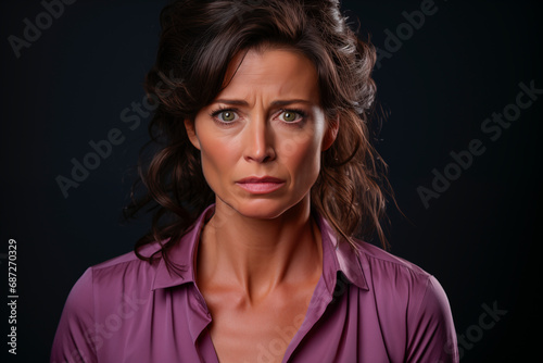 Mujer de edad mediana con expresión triste y angustiada, víctima del maltrato machista, con una blusa  de color morado photo