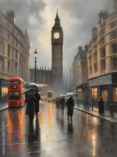 Oil painting of the streets of London in the rain with Big Ben in the background. Generative AI