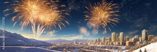 Golden volleys fireworks for Christmas and New Year in winter over a snowy city with multi-storey buildings, a panorama In the mountains. Banner photo