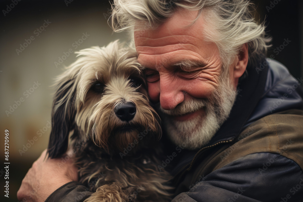Mature Man Expressing Love While Hugging Dog Mature Man Expressing Love While Hugging Dog