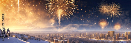 Golden volleys fireworks for Christmas and New Year in winter over a snowy city with multi-storey buildings, a panorama In the mountains. Banner photo