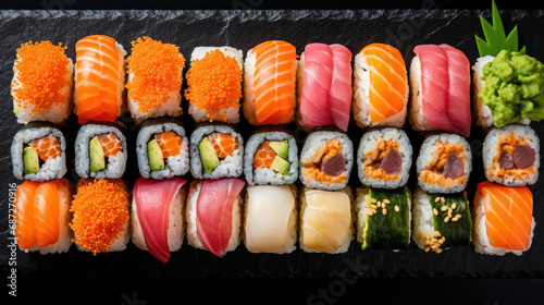 Traditional sushi food raw plate rice fish seafood japanese meal salmon fresh