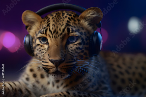 Stylish leopard in purple headphones. Fantasy fashion concept. Neural network AI generated art