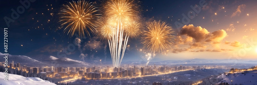 Golden volleys fireworks for Christmas and New Year in winter over a snowy city with multi-storey buildings  a panorama In the mountains. Banner