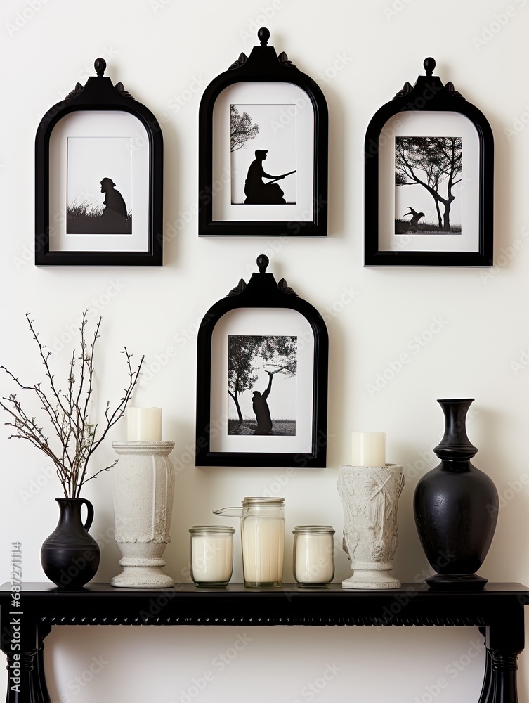 Naklejka premium Victorian Silhouette Wall Art: Elegant Black and White Family and Pet Profiles