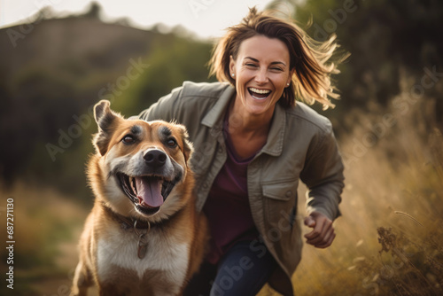 Cheerful Middle-Aged Woman Bonding with Pet Pooch