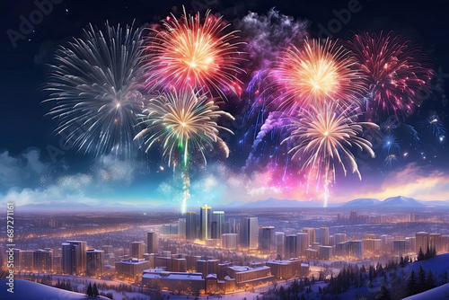 Colorful fireworks for Christmas and New Year in winter over a snowy city with multi-storey buildings, a river, a panorama.
