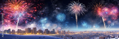 Colorful fireworks for Christmas and New Year in winter over a snowy city with multi-storey buildings, a river, a panorama. Banner