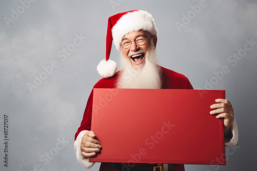 Cheerful Santa with Mockup Canvas, Minimal Background © Andrii 
