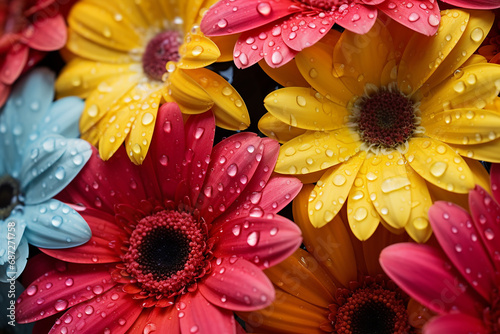 Close Up of a Bunch of Bright Colorful Flowers with Water Droplets in Calgary - Vibrant Floral Photography - Created with Generative AI Tools