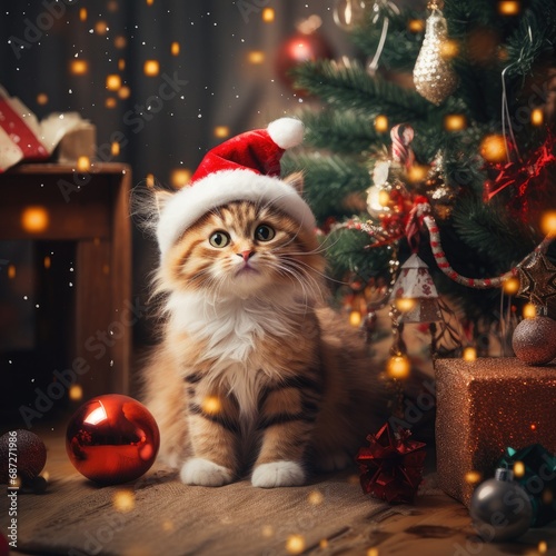 A striped fluffy kitten is sitting on the background of a Christmas tree. A holiday card. A cute pet. The atmosphere of the holiday. © Cherkasova Alie