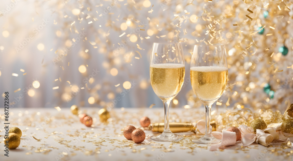 Celebrating New Year with Glasses of Champagne with Christmas Decorations