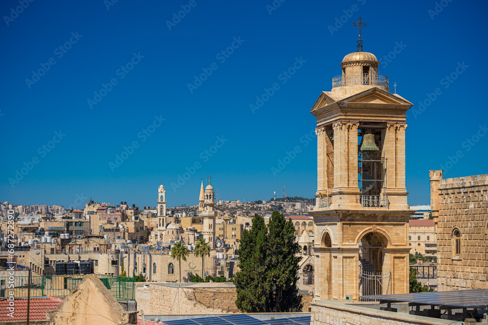 View of Bethlehem featuring churches and mosques, Bethlehem is a city in the West Bank, Palestine, known to be Jesus Christ's birthplace