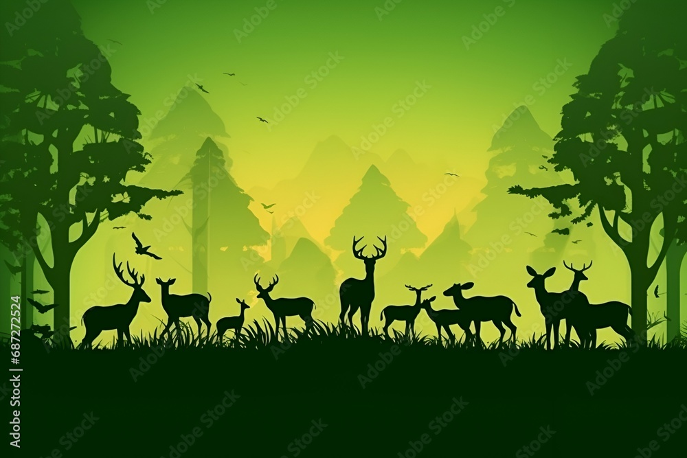 Nature and animals of silhouette. green background. earth day, save wildlife