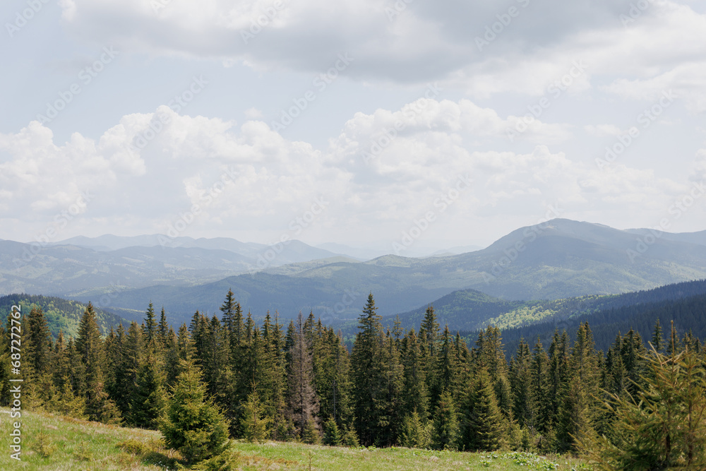 The Carpathian mountains are green, with a bright sky