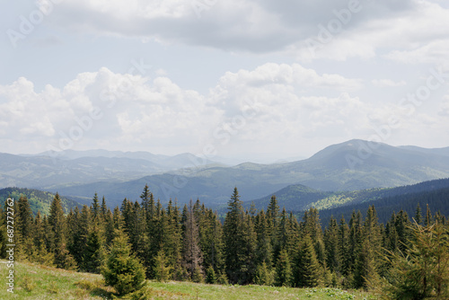 The Carpathian mountains are green  with a bright sky