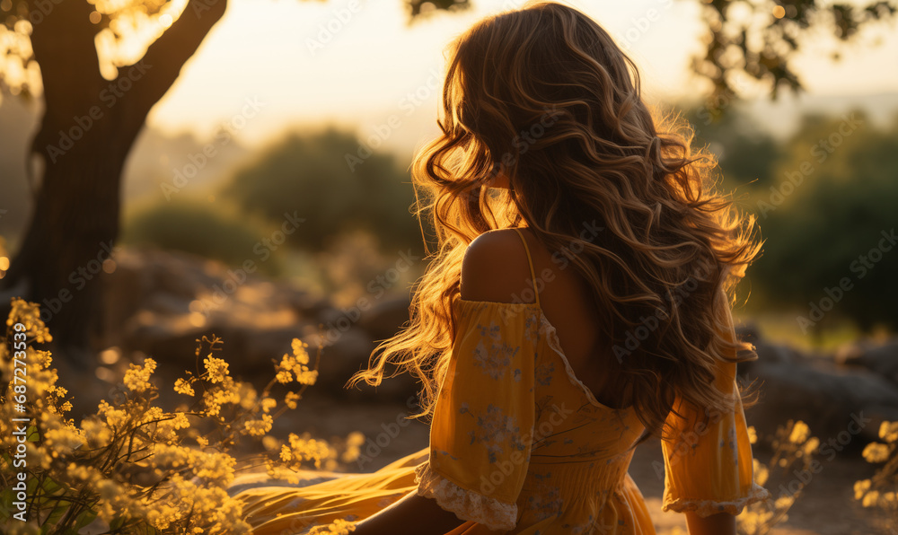 Woman outdoors in the sunset at springtime, young woman looking at the view of a field from the back, looking at the horizon in nature Woman outdoors in the sunset at springtime, young woman looking at the view of a field from the back, looking at the horizon in nature