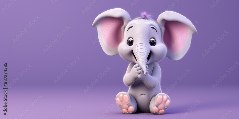A cartoon elephant character clapping hands in celebration, on a soft lavender studio background A cartoon elephant character clapping hands in celebration, on a soft lavender studio background