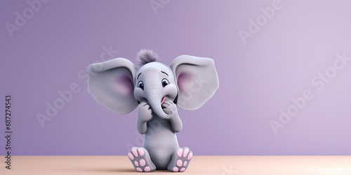 A cartoon elephant character clapping hands in celebration, on a soft lavender studio background