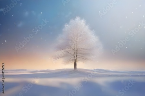 Abstract winter background featuring a blurred Christmas tree in a snowy landscape with a snowflake