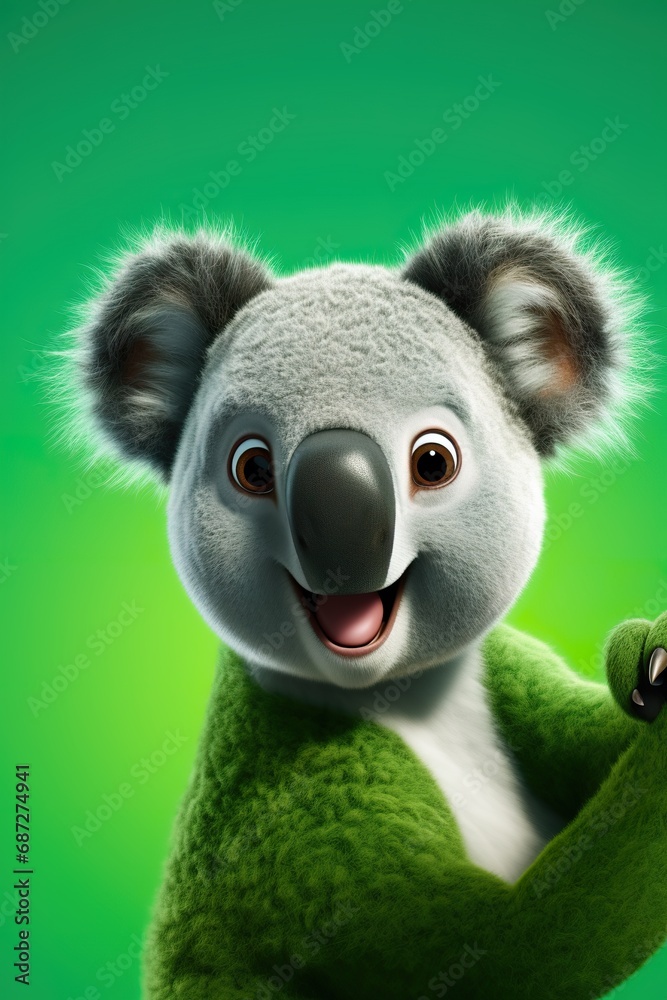 A cartoon koala character pointing to the left, on a bright green background, with a curious expression A cartoon koala character pointing to the left, on a bright green background, with a curious expression