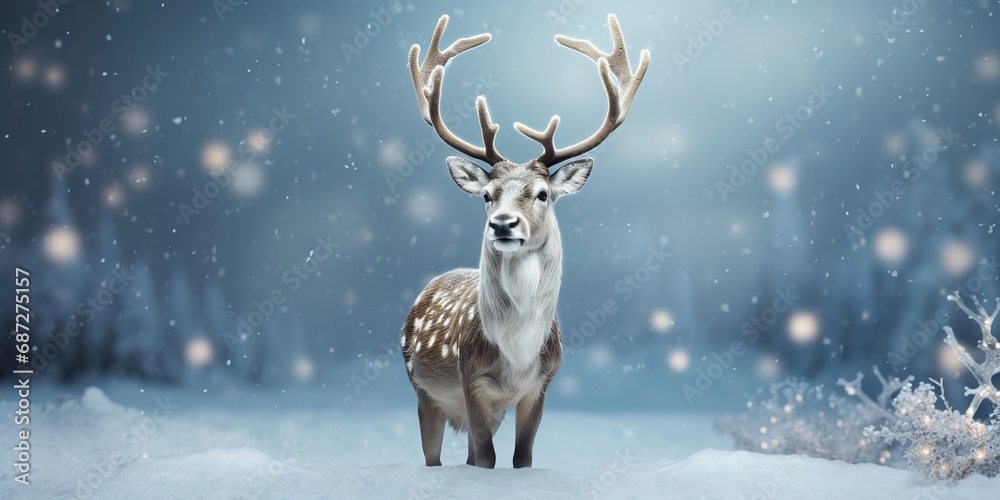 A cartoon reindeer character with twinkling antlers, smiling joyfully, on a silver studio background, embodying the spirit of winter A cartoon reindeer character with twinkling antlers, smiling joyfully, on a silver studio background, embodying the spirit of winter