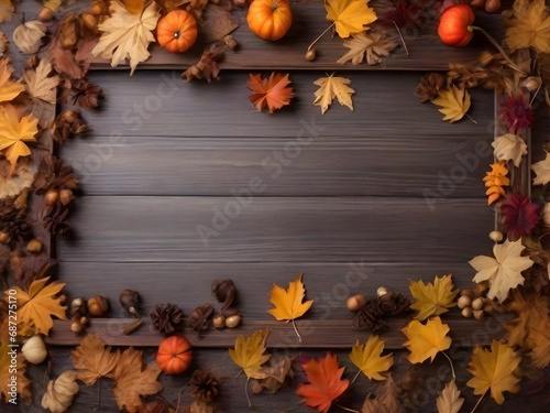 autumn background of fallen leaves over wooden table and forest backgrond