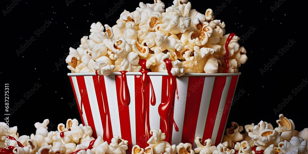 Popcorn Extravaganza - Red & White Bucket on Clear Canvas - Snack Delight & Cinematic Temptation