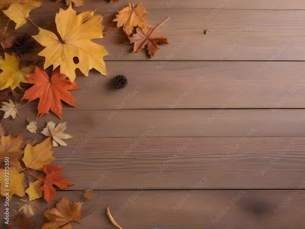Happy fall autumn halloween holiday thanksgiving background - Colored fallen leaves on rustic empty wooden table, top view