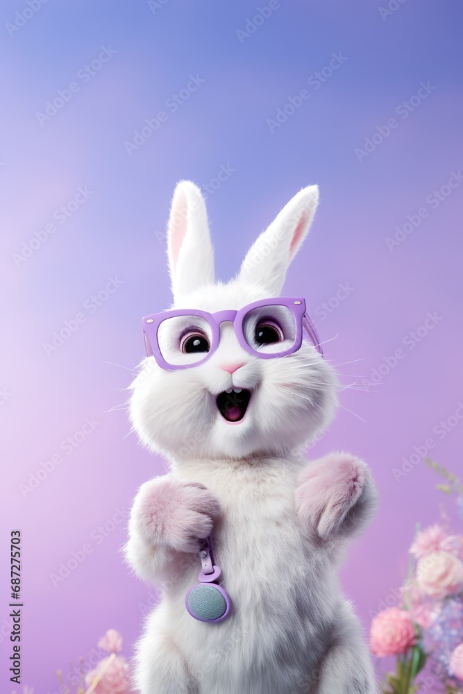 A cheerful bunny character with oversized glasses pointing upwards, on a lavender studio background