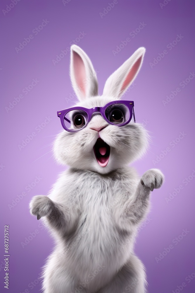 A cheerful bunny character with oversized glasses pointing upwards, on a lavender studio background