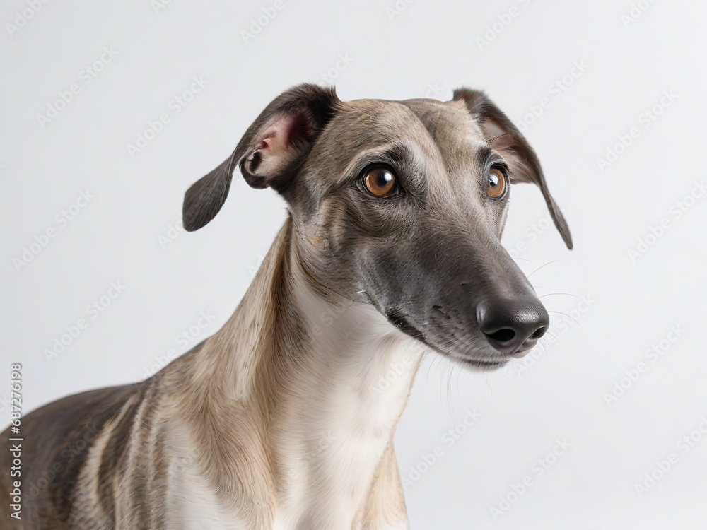 Primer plano de perro raza Galgo sobre fondo blanco Primer plano de perro raza Galgo sobre fondo blanco