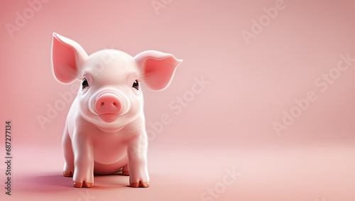 cute piglet sits on a pink background and looks at the viewer